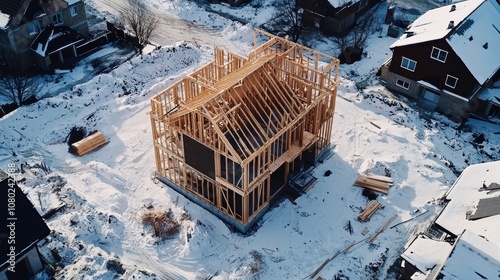 Aerial view of a wooden house under construction, surrounded by snow, showcasing the building's frame and nearby houses.