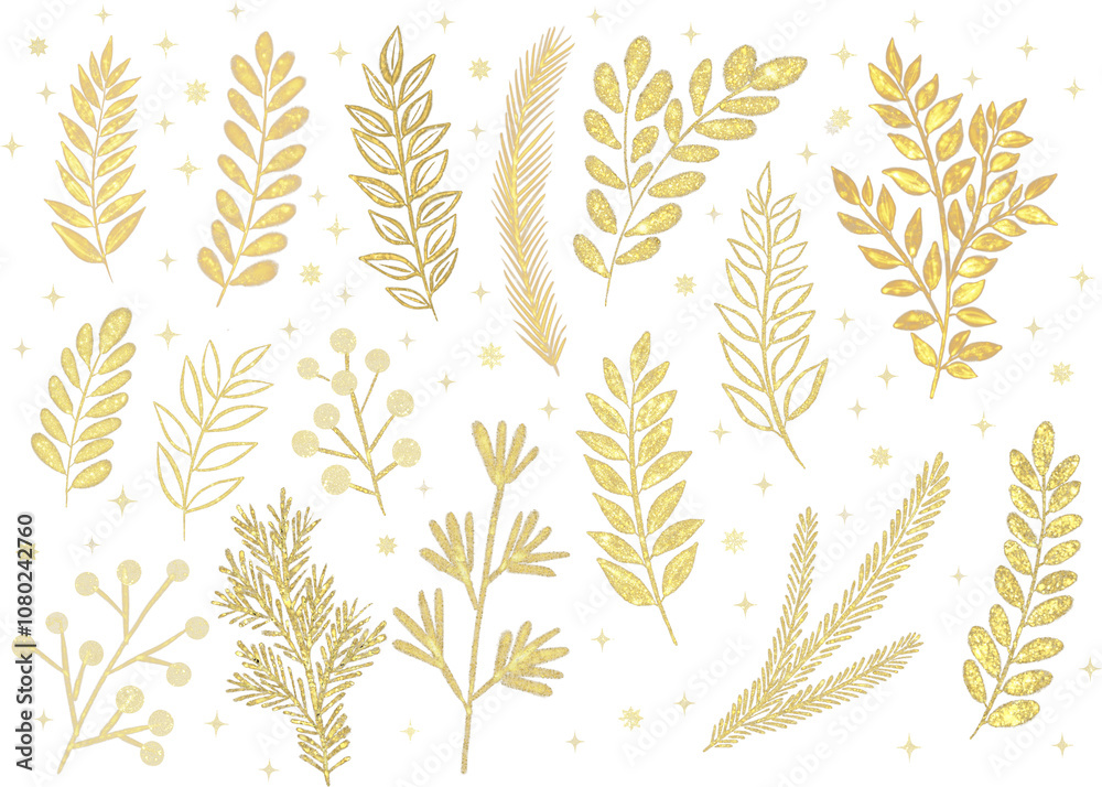 Watercolor illustration featuring Christmas botanical elements in gold on a white background. Perfect for adding a festive and elegant touch to your holiday designs. Watercolor illustration featuring Christmas botanical elements in gold on a white background. Perfect for adding a festive and elegant touch to your holiday designs.