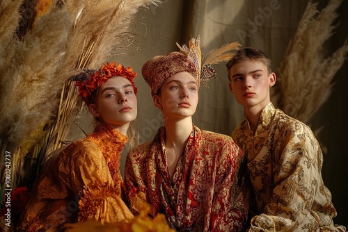 Three Models Showcase Elegant Fashion Adorned With Autumn Decorations in a Softly Lit Studio Setting photo