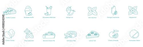 Vanilla Custard, Blueberry Muffin, Strawberry Milkshake, Mango Ice, Mint Menthol, Orange Creamsicle, Peppermint, Cotton Candy, Chocolate Mint, Banana Cream Pie, Cinnamon Roll, Lemon Tart vector icons