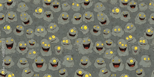 Seamless pattern featuring playful, quirky gray cloud-like creatures with big yellow eyes and wide grins. The whimsical design creates a fun and lively texture