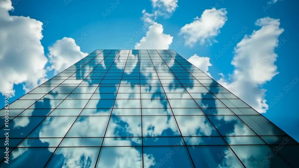 A glass building reflects a blue sky and white clouds on a sunny day