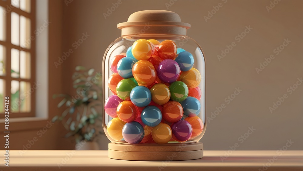 A glass jar full of colorful candies on a wooden platform illustration image. A glass jar full of colorful candies on a wooden platform illustration image.