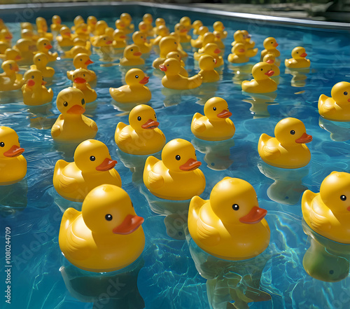 Numerous yellow rubber duckies floating in an outdoor pool