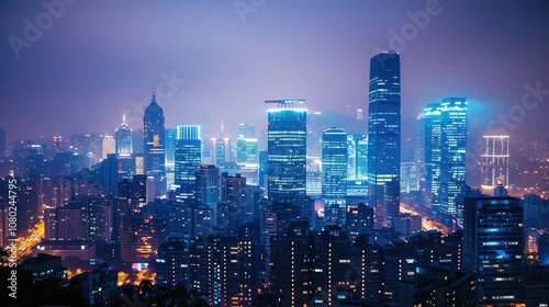 Stunning Nighttime Cityscape with Illuminated Skyscrapers and Vibrant Skyline