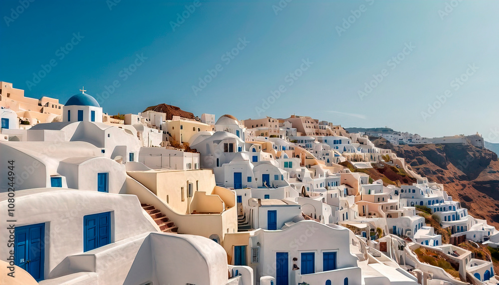 Minimalist white buildings with smooth curves and arches under bright sunlight on Santorini island, Greece, capturing iconic Cycladic architectural beauty Minimalist white buildings with smooth curves and arches under bright sunlight on Santorini island, Greece, capturing iconic Cycladic architectural beauty