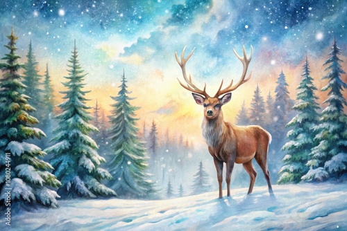 Watercolor Reindeer in Snowy Landscape - Serene Winter Scene with Majestic Deer, Snowy Forest, Soft Pastels, Tranquil Nature, Holiday Aesthetic, Winter Wonderland, Artistic Landscape