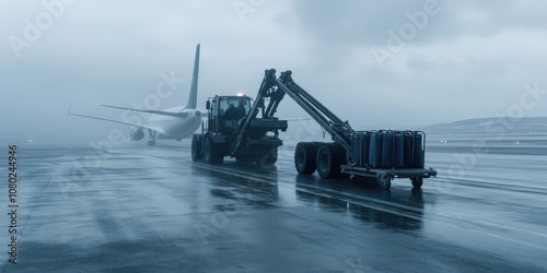 Tow tractor pulling luggage carts at airport apron. Transporting luggage carts to the airplane