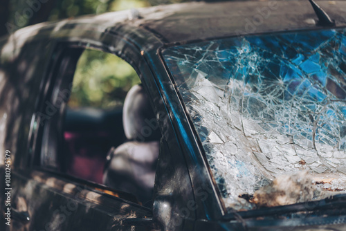 Broken windshield from a car accident. The windshield of the car was broken. Broken windproof car accident. Car accident. A window repair company will come to you to replace the broken glass