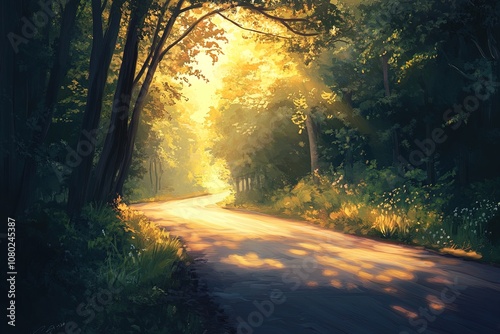 A Tranquil Winding Road Through a Sunlit Forest in Early Morning Light Surrounded by Lush Greenery