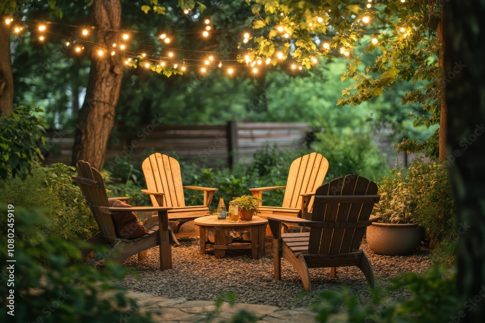This serene outdoor space features cozy wooden chairs and a charming table with string lights, creating an inviting ambiance for relaxing and gathering amid lush greenery, fostering calm and comfort This serene outdoor space features cozy wooden chairs and a charming table with string lights, creating an inviting ambiance for relaxing and gathering amid lush greenery, fostering calm and comfort
