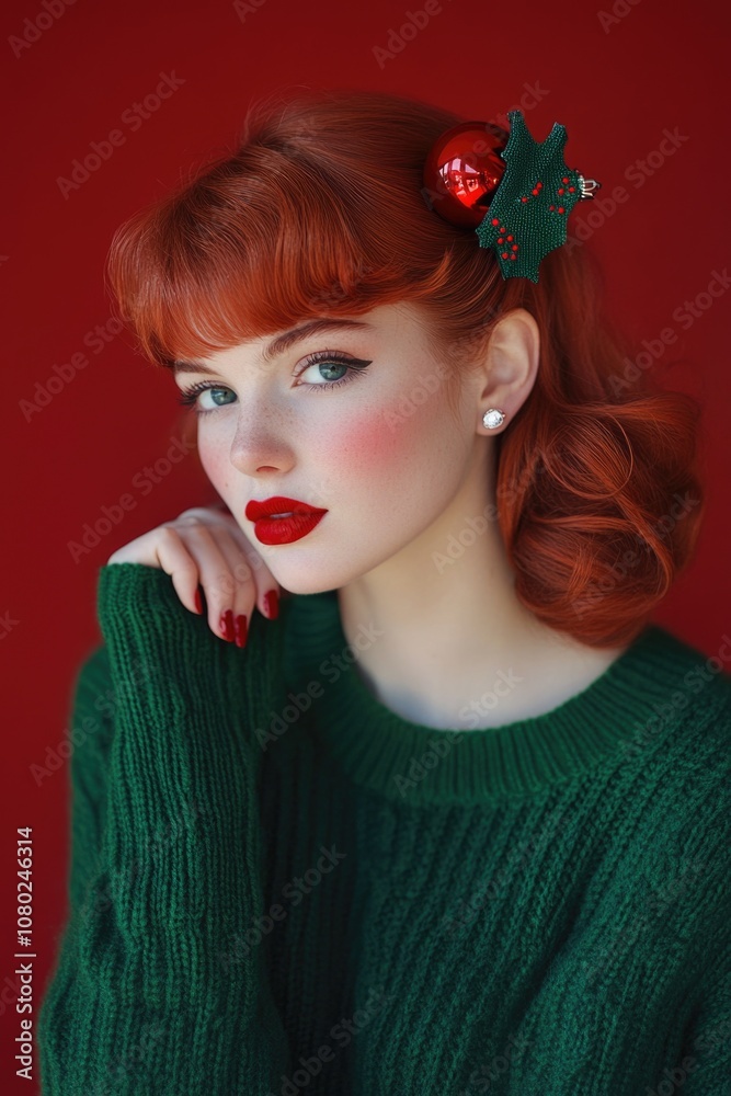 A woman with bright red hair is wearing a green sweater, perfect for use in fashion or lifestyle images A woman with bright red hair is wearing a green sweater, perfect for use in fashion or lifestyle images
