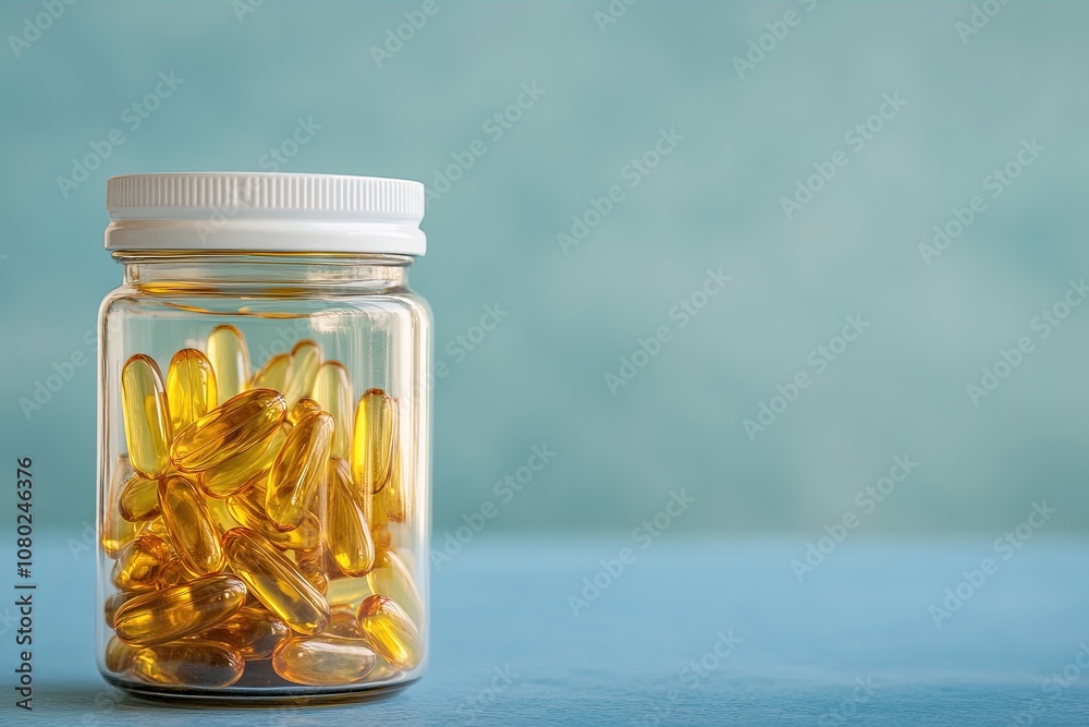 Glass Jar Filled With Golden Capsules Set Against a Light Blue Background in a Well-Lit Environment Glass Jar Filled With Golden Capsules Set Against a Light Blue Background in a Well-Lit Environment