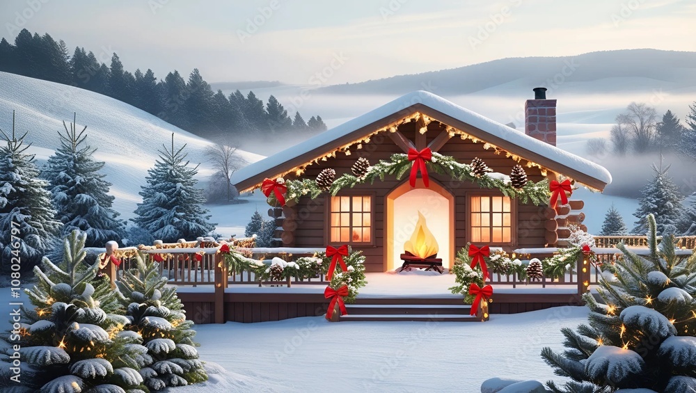 Obraz premium Snowy winter holiday scene with cozy cabins, warm fireplaces, festive lights, and beautiful landscapes, ideal for a peaceful, relaxing seasonal retreat. Generative ai 