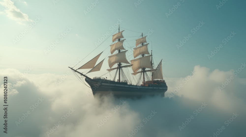 Fototapeta premium Wooden Ship Sailing Through the Clouds
