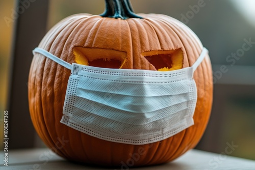 A pumpkin with a carved face mask design