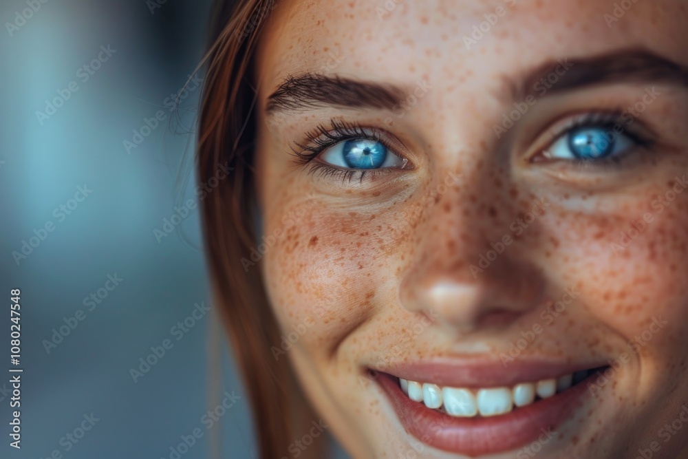 Close-up portrait of a woman with distinctive freckles on her face Close-up portrait of a woman with distinctive freckles on her face