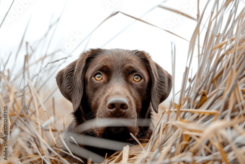 A brown dog sitting peacefully in a field of tall grass photo