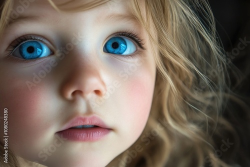 A close-up shot of a young child with bright blue eyes, looking directly at the camera