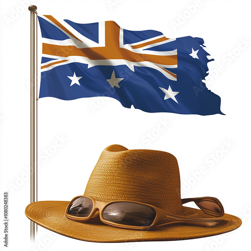 An Australian flag waving proudly above a straw hat and sunglasses. photo