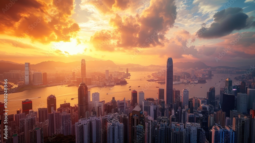 Fototapeta premium Stunning Urban Sunset Over Hong Kong's Skyline and Harbor
