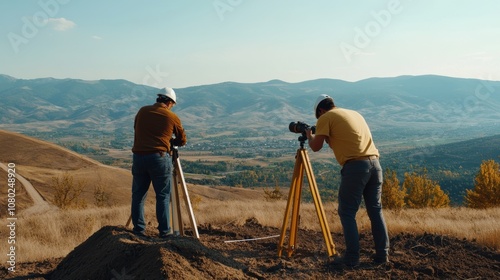 Two surveyors work with equipment on a hillside, capturing measurements against a scenic landscape under clear skies.