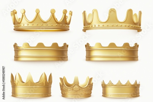 A set of four golden crowns on a white background, suitable for royalty or luxury-themed designs photo