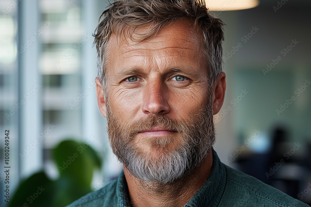 A warm, inviting portrait of professional man with beard, showcasing confidence and approachability in modern office setting. His blue eyes reflect determination and experience A warm, inviting portrait of professional man with beard, showcasing confidence and approachability in modern office setting. His blue eyes reflect determination and experience