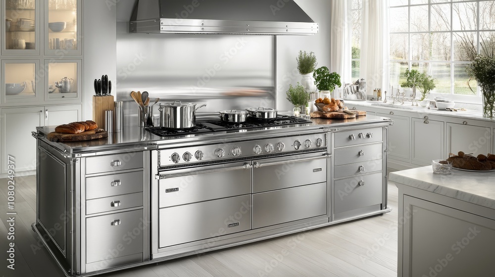 Fototapeta premium Professional Grade Steel Kitchen With Large Gas Range And Six Burners, Double Oven, Spacious Design.