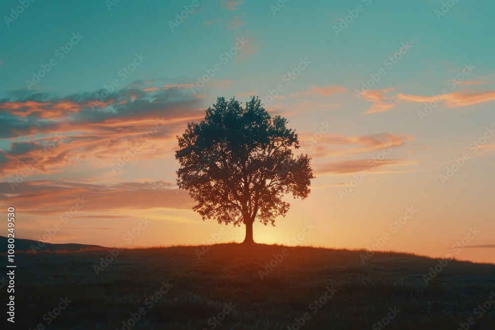 Fototapeta premium A single tree stands alone on a grassy hill, with a peaceful atmosphere