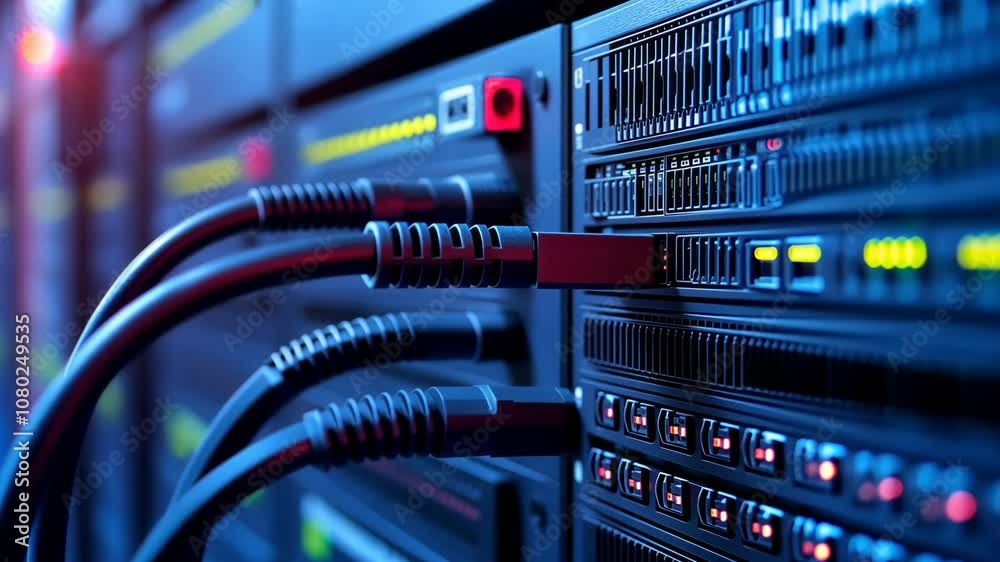 Black cables are plugged into a server rack in a data center Black cables are plugged into a server rack in a data center
