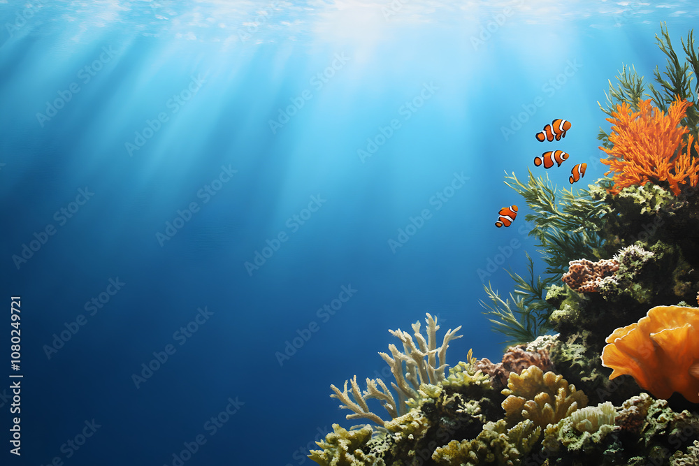 Obraz premium A vibrant underwater scene with colorful coral and fish swimming gracefully, highlighting marine biodiversity. A coral reef bustling with life.