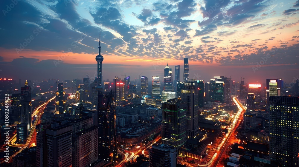 Obraz premium Stunning Shanghai Skyline at Dusk with Vibrant City Lights