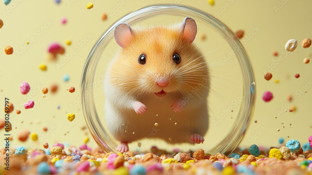A joyful hamster statue running in a wheel, surrounded by colorful grains, on a light yellow background
