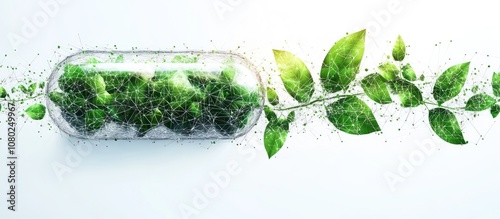 Green leaves inside a pill capsule, showing a concept of natural medicine, health and wellness.