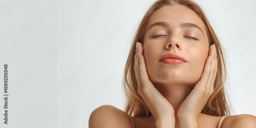 A serene woman peacefully enjoys her skincare routine with a relaxed, confident expression, embodying beauty, calm, and contentment, exuding elegance and grace, reflecting youth and tranquility A serene woman peacefully enjoys her skincare routine with a relaxed, confident expression, embodying beauty, calm, and contentment, exuding elegance and grace, reflecting youth and tranquility