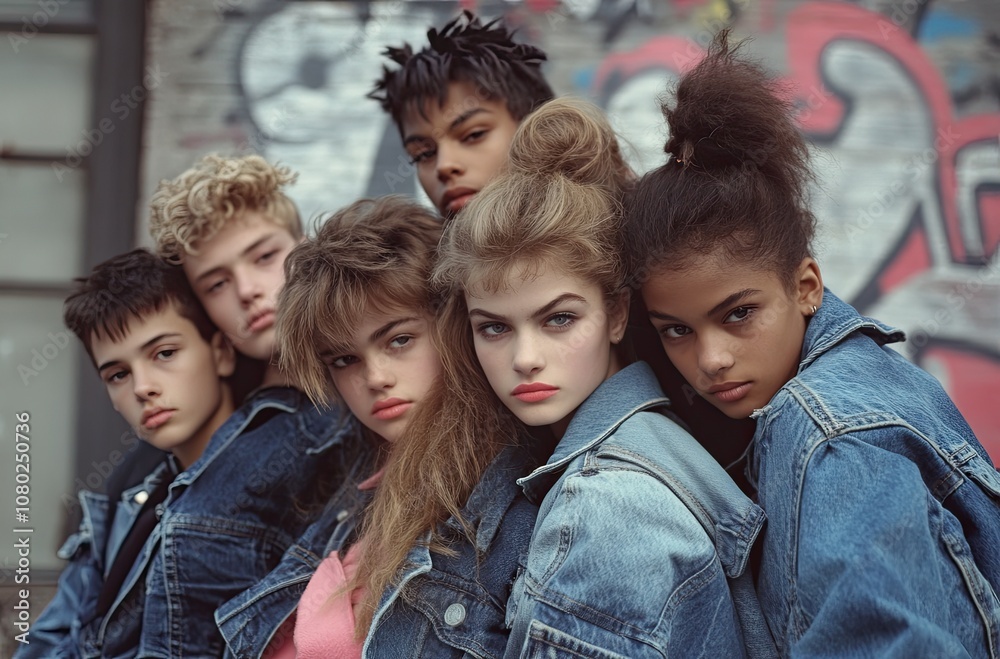 A group of teenage boys and girls from the early 90s, wearing denim jackets, posing for the camera in the graffiti-covered streets of New York City. A group of teenage boys and girls from the early 90s, wearing denim jackets, posing for the camera in the graffiti-covered streets of New York City.