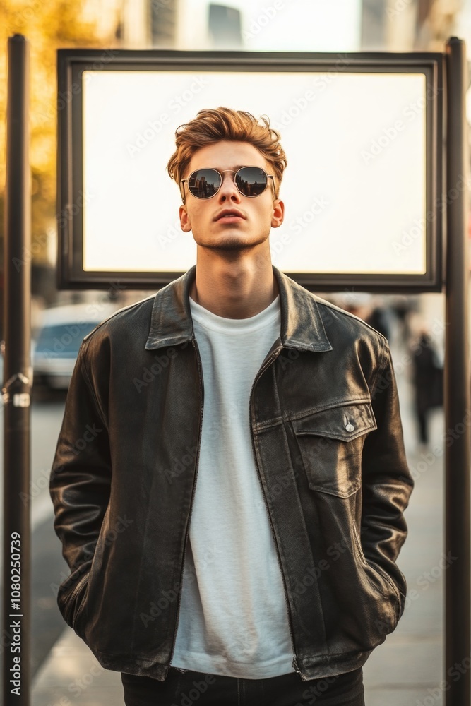 A person wearing a leather jacket and sunglasses stands near a street sign, possibly waiting for someone or giving directions A person wearing a leather jacket and sunglasses stands near a street sign, possibly waiting for someone or giving directions
