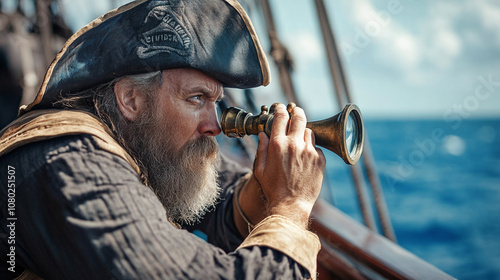 A pirate captain leaning over the ship's railing, peering through a spyglass