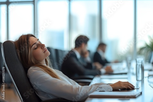 Comical scene of ineffective managers napping in a bright modern office during a meeting photo