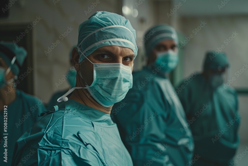 Portrait of surgeon wearing scrubs and protective glasses in hospital operating theater. Neural network ai generated art