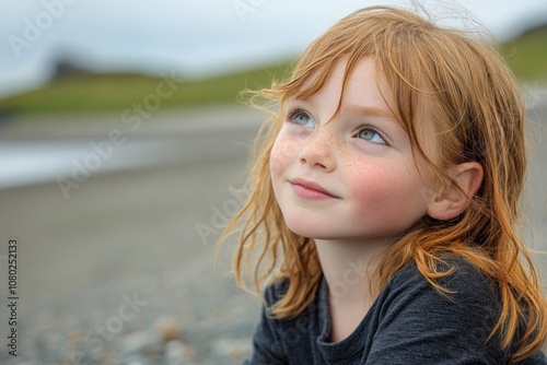 A young girl sits on a sunny beach, her bright red hair standing out against the blue sky and white sand