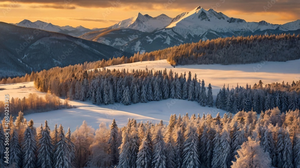 Obraz premium Serenity of The Snowy Mountains on A Golden Sunset, surrounded pine trees on the rolling hills, Frosty landscape, serene Alpine View V5