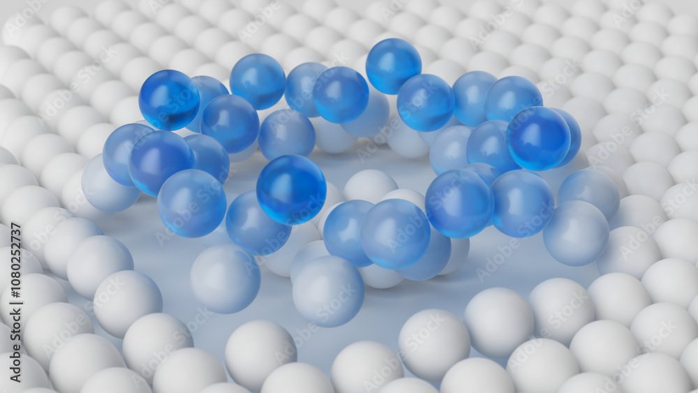 3d render, abstract background of white and blue balls. Close-up of microscopic spherical particles, irregular atomic structure. Visual metaphor of deviation and anomaly 3d render, abstract background of white and blue balls. Close-up of microscopic spherical particles, irregular atomic structure. Visual metaphor of deviation and anomaly