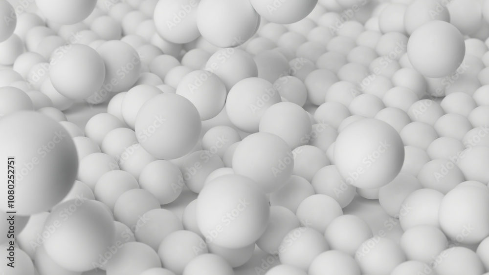 3d render, abstract background of chaotic white balls. Close-up of microscopic spherical particles, atomic structure. Visual metaphor of irregularity and adaptability 3d render, abstract background of chaotic white balls. Close-up of microscopic spherical particles, atomic structure. Visual metaphor of irregularity and adaptability