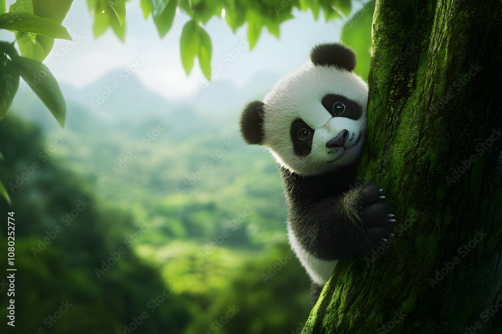 Obraz premium A charming baby panda climbing a tree, surrounded by lush greenery, showcasing its playful spirit. A panda cub exploring its environment.