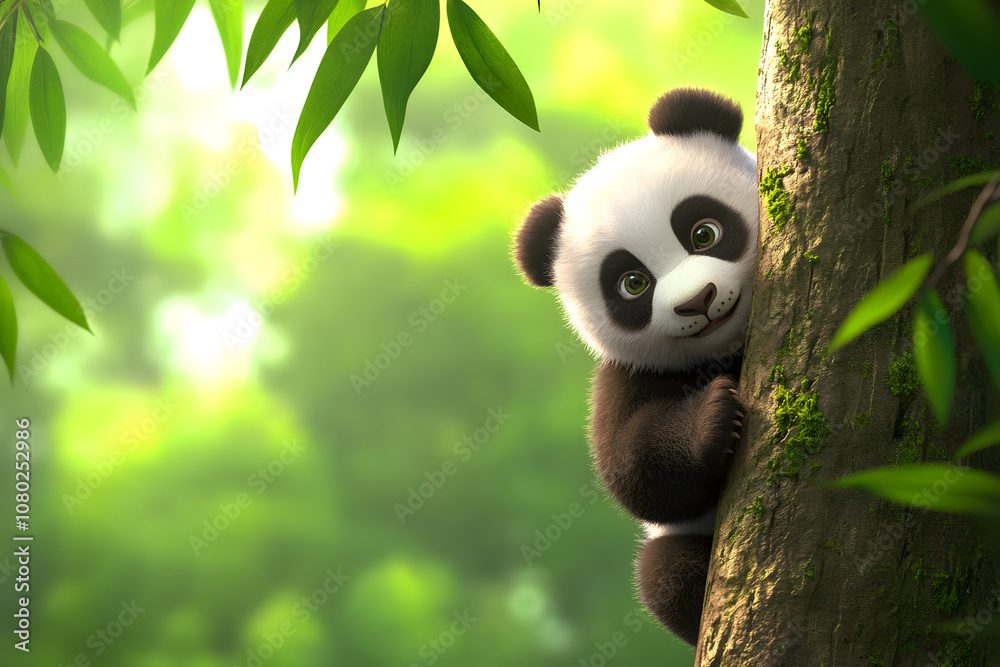 Obraz premium A charming baby panda climbing a tree, surrounded by lush greenery, showcasing its playful spirit. A panda cub exploring its environment.