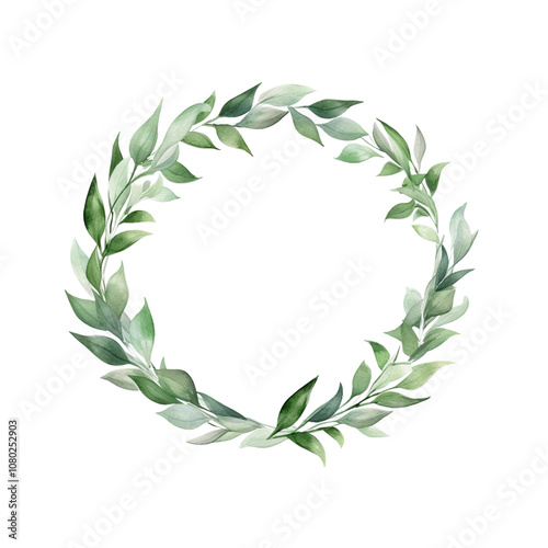 Green Leaves Watercolor Circle Frame Isolated on Transparent Background, Botanical Floral Border Design, Ideal for Nature-Themed Projects, Wedding Invitations, Eco Decor Elements, Generative AI