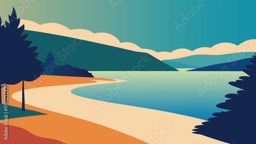 sandy beach bordered by trees, with calm water gently lapping in the background flat vector illustration.