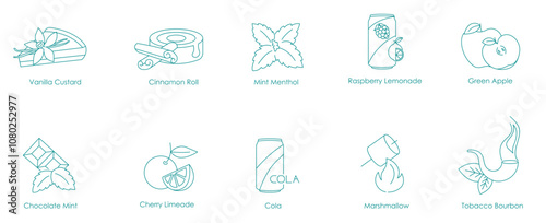 Vanilla Custard, Cinnamon Roll, Mint Menthol, Raspberry Lemonade, Green Apple, Chocolate Mint, Cherry Limeade, Cola, Marshmallow, Tobacco Bourbon Vape Icon Set Illustration